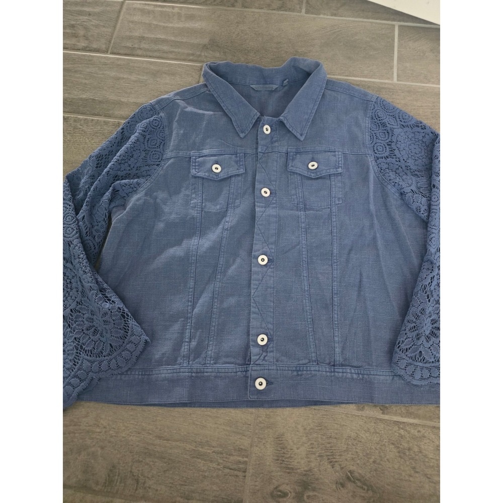 Soft Surroundings Blue Linen Blend Jacket Crochet Lace Sleeve XL 2GC90